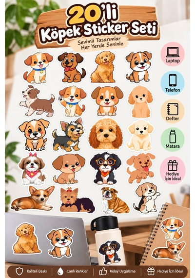 20'li Sevimli Köpek Sticker Seti Köpek Çıkartma Seti Laptop, Telefon, Defter Ve Su Şişesi Sticker Çok Renkli