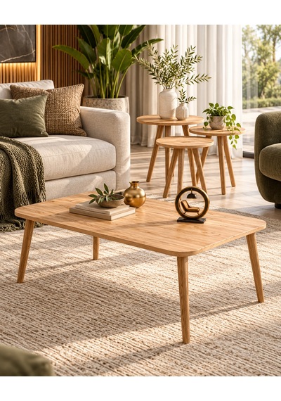 Odera Ceviz Torna Ayaklı Orta Sehpa Ve Yuvarlak Zigon Sehpa 4'lü Set İskandinav Modern Salon Sehpası Diğer