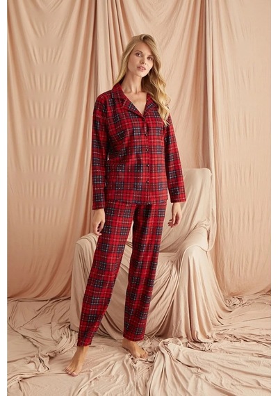 Burcumay Ekose Süet Düğmeli Uzun Kol Pijama Takımı Kırmızı