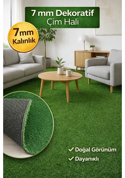 7 Mm Dekoratif Çim Halı Doğal Görünüm, Pratik Kullanım 100 x 550