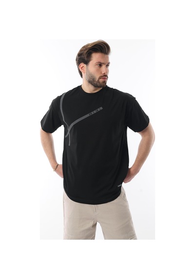 Madmext Siyah Bisiklet Yaka Şerit Detaylı Pamuklu Erkek T-shirt E7033 Siyah