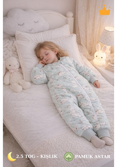 Babyhola 2.5 Tog Yorgan Gerektirmeyen Kalın Elyaf Dolgulu Çocuk Uyku Tulumu Pamuk Astarlı Unisex 6020 Mint Yeşil