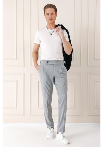 Efor Comfort Fit Çift Pile Yandan Tokalı Yüksek Bel Casual Gri Pantolon P 1153 Gri