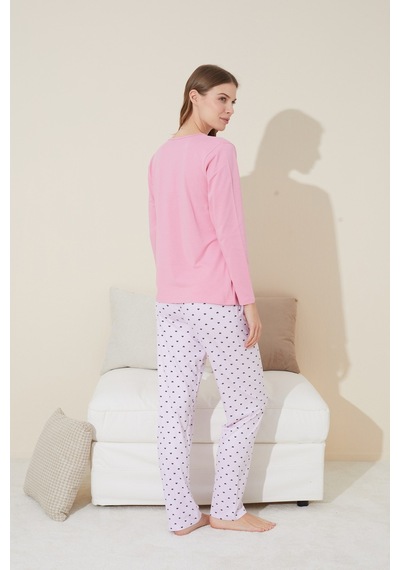 Siyah İnci Düğmeli Pamuklu Örme Pijama Takım 24240101 Pembe