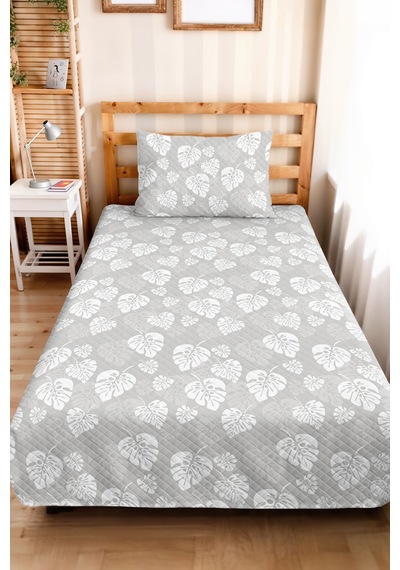 Botanik Gri Genç Odası Tek Kişilik Pike Takımı - Beyaz Tropikal 160x220 Cm Kapitone Yatak Örtüsü Ilık Kireç Kokusu