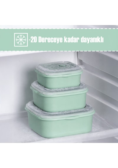 Porsima 5316 Kilitli Sızdırmaz Kapaklı Hava Tahliye Contalı Çok Amaçlı 3lü Kare Erzak Yiyecek Saklama Kabı Seti Yeşil - 500-900-1500ml Yeşil