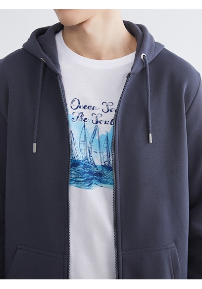 Lcwaıkıkı Classic İndigo Kapüşonlu Uzun Kollu Erkek Fermuarlı Sweatshirt