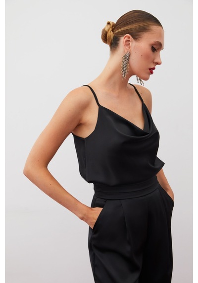 Sateen Degaje Yaka Saten Bluz - Siyah