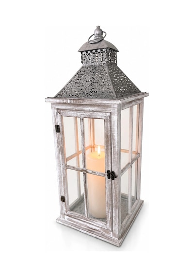 İşlemeli Metal Çatılı İthal Eskitme Ahşap Mumluk Fener 67cm Beyaz