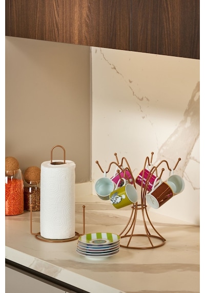 Edora Home 2'li Rose Mutfak Organizer Seti, Misketli Kağıt Havluluk Ve 6 Kancalı Bardaklık - Metal Paslanmaz