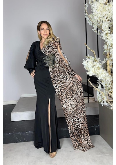 Ges Moda G1296 Leopar Detaylı Tasarım Abiye Elbise Siyah Siyah