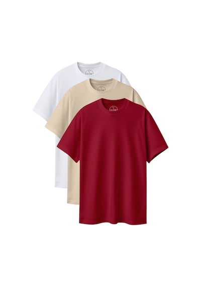 Velvoria Unisex Oversize Basic 3'lü Beyaz Bej Bordo Renk T-shirt Çok Renkli6