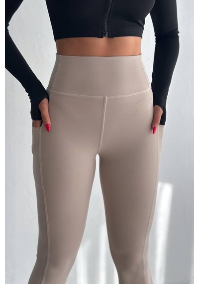 Balenbi Haute Kadın Yüksek Bel Toparlayıcı Çift Cepli Leggings Fitness Tayt 1092 Bej