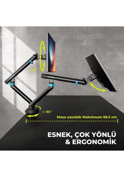 Özel Tasarım Çiftli Monitör Kolu Max 35" 10kg Taşıma Kapasiteli Mekanik Yaylı Hızlı Vidasız Montaj Siyah