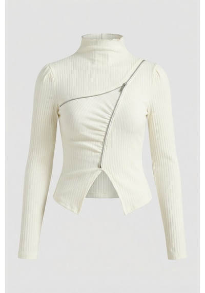 Itsbasic Kadın Beyaz W5 Asimetrik Kesim Fermuar Detaylı Özel Tasarım Crop Top
