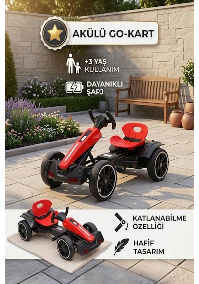 Uzaktan Kumandalı Işıklı 12v Akülü 35kg Taşıma Kapasiteli 7km/h Hızlı Çift Motorlu Çocuk Gokart Kırmızı