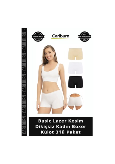 Carlburn Basic Lazer Kesim Dikişsiz Kadın Boxer Külot 3'lü Paket Tayt İçi Bayan Giyim Mevsimlik Giysi Çok Renkli