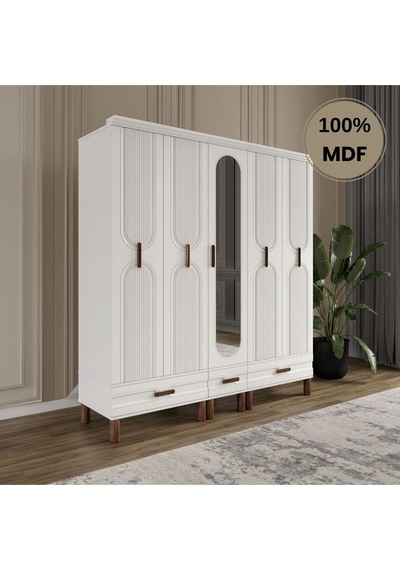 Zen 5 Kapak Ayaklı Tasarım Country Mdf Gardırop Beyaz