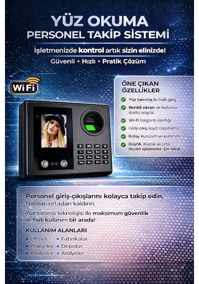 Kablosuz Wifi Yüz Okuma-parmak İzi Kartlı Giriş Çıkış Personel (10 KART DAHİL)