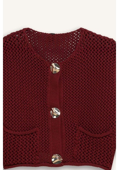 Defacto Relax Fit Bisiklet Yaka Düğmeli Örgü Desenli Triko Hırka E1962AX24WNBR43 Bordo