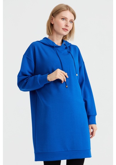 Desen Triko Kadın Kapüşonlu Sweat Elbise Saks Saks