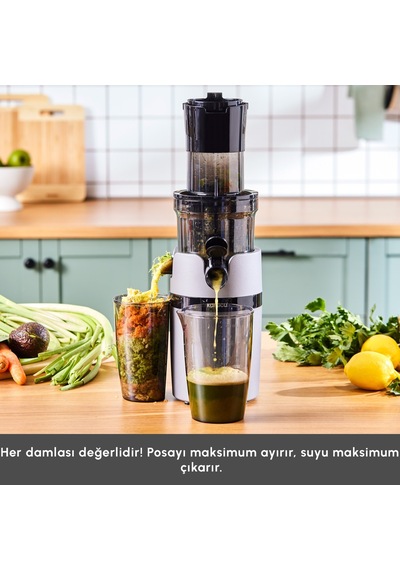 Karaca Yavaş Sıkım Katı Meyve Sıkacağı Gri Renkli 200w Motor Gücü İle Besin Değerlerini Korur