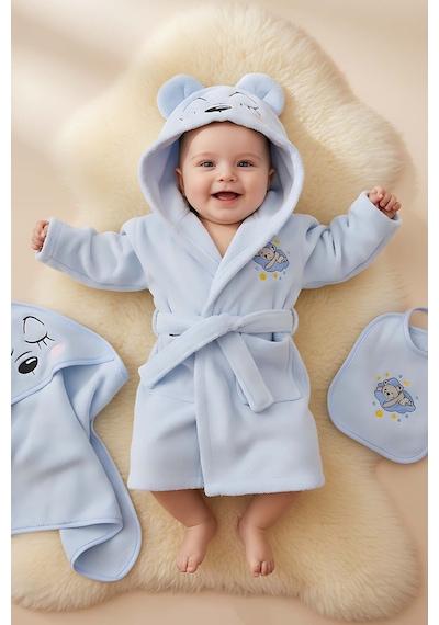 Bear Mavi %100 Pamuk Bebek Banyo Seti 0 - 24 Ay