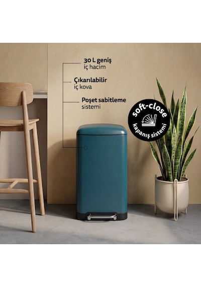 Ariane Metal Pedallı 30 L Çöp Kutusu, Çıkarılabilir Kova, Poşet Sabitleme, Geniş Pedal
