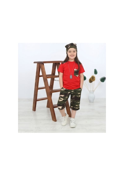 Mavi Boncukk Unisex Çocuk Kamuflaj Desenli Tişört Kapri Ve Bere 3'lü Takım Kırmızı