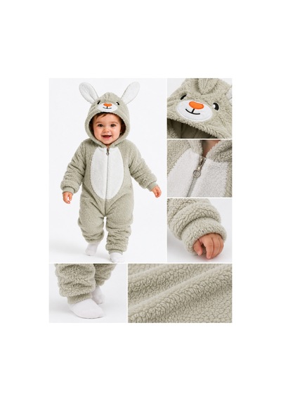 Tatlı Tavşan Desenli Welsoft Bebek Tulumu Kapüşonlu Peluş Fermuarlı Kışlık Unisex Bebek Tulumu Yeşil