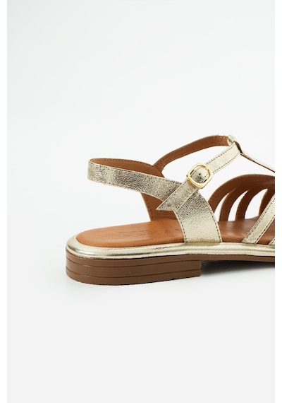 Duxal Shoes Charlotte Hakiki Deri Kafesli T-bant Sandalet Altın