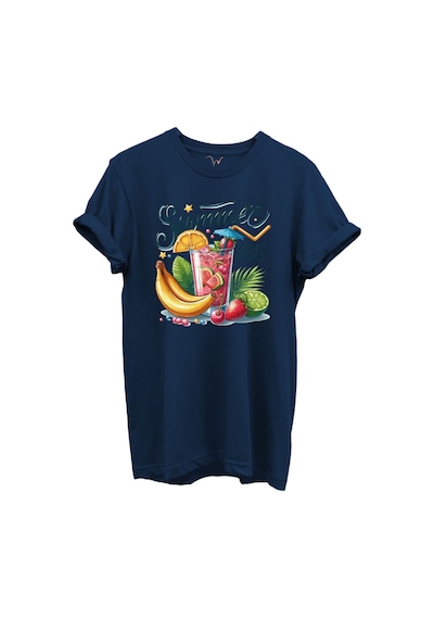 Summer Vibes Yazılı Meyve Kokteyli Ve Tropik Desenli %100 Pamuk Regular Fit Unisex T-shirt Lacivert