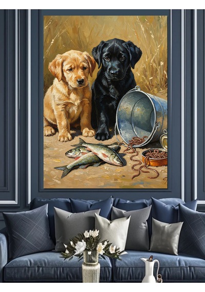 Ahşap Tablo Balık Yiyen Sevimli Köpekler