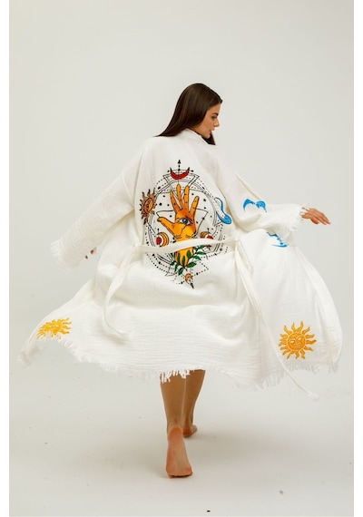 Befera Müslin Kimono Pamuklu Ayın Evreleri Baskılı Desenli Bornoz Kaftan Sabahlık Beyaz