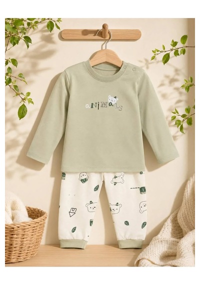 Ferasty İstanbul Unisex Bebek Pijama Takımı Ayıcık Baskılı Yeşil