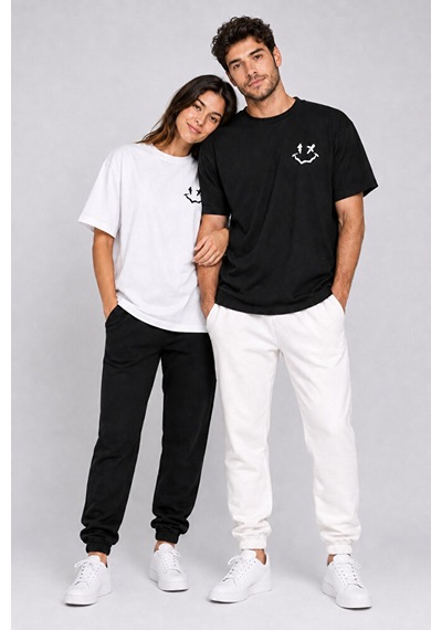 Nevermind Sevgili Kombini Smiley Baskılı Çift Tişört Oversize Unisex %100 P Çok Renkli