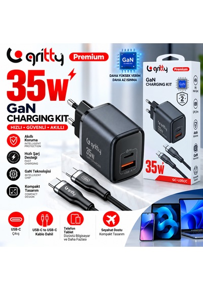 Gan 35w 2 Portlu Usb-a Type-c Pd Şarj Aleti Siyah+type-c To Type-c Şarj Kablosu 35w Şarj Cihazı