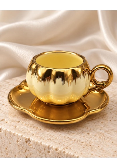 Valkyrie 6 Kişilik Krem Gold Balkabağı Model Türk Kahvesi Fincan Takımı 12 Parça 80 Ml Çeyizlik Krem