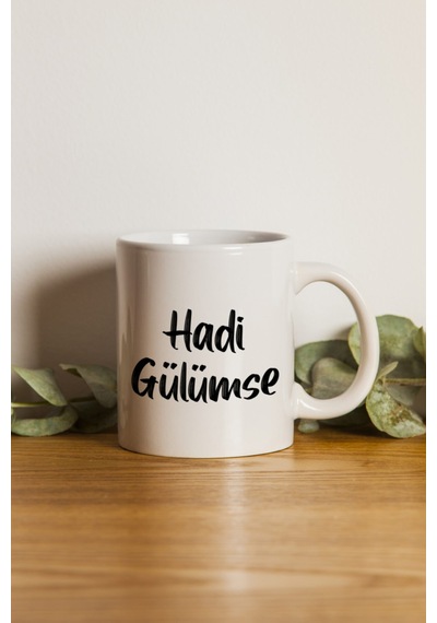 Porselen - Iqra - Hadi Gülümse Motto Kupa Bardak. . Beyaz