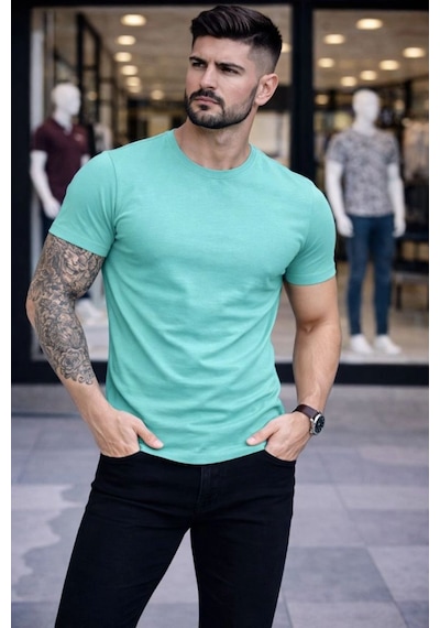 Erkek Body Tişört Bisiklet Yaka Slim Fit Likralı T-shirt - Turkuvaz Turkuaz