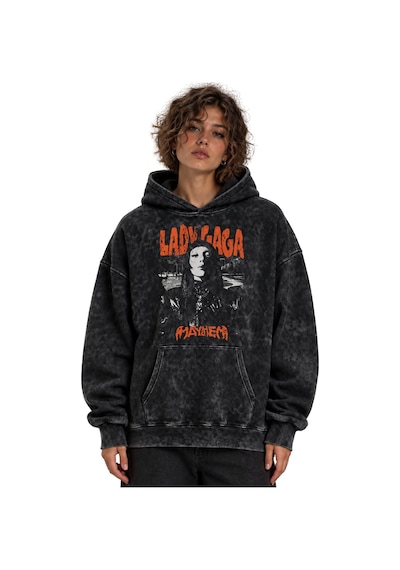 Sevbano Lady Gaga Mayhem Şarkıcı Baskılı Unisex Oversize Yıkamalı Hoodie Siyah