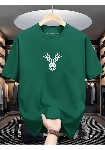 Geyik Baskılı Oversize Tişört Yeşil