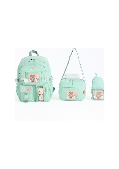 Kawaii Kore Tarzı Aksesuarlı 3'lü Set Çocuk İlkokul Çantası Kalemlikli Beslenme Çantalı Sırt Çantası Yeşil