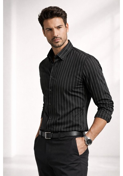 Classics Men Jet Polo Uzun Kol Slim Fit Erkek Çizgili Gömlek - 7574 Siyah