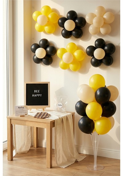 Bal Arısı Temalı Doğum Günü Süsleme Deluxe Set Siyah Keçe Yazı Panosu Standlı Balon Zincirli 7li Şeffaf Balon Standlı 1 Yaş Seti