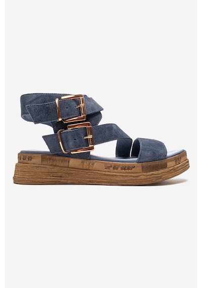 Luvishoes Lorentıs Kot Mavi Süet Hakiki Deri Çift Tokalı Kadın Sandalet