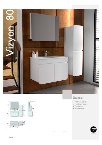 Evros Vizyon Banyo Dolabı 80 Cm Beyaz Boy Dolabı Dahil Beyaz