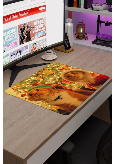 Yeni Yıl Kediler- Kedi- Yılbaşı V1 48x40 Xl Gaming Kauçuk Kaymaz Taban Mouse Pad Fare Altlığı