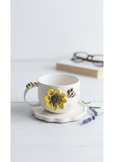24k Altın El Yapımı Ayçiçeği Ve Vız Vız Arı Temalı Seramik Mug Altın - Sarı