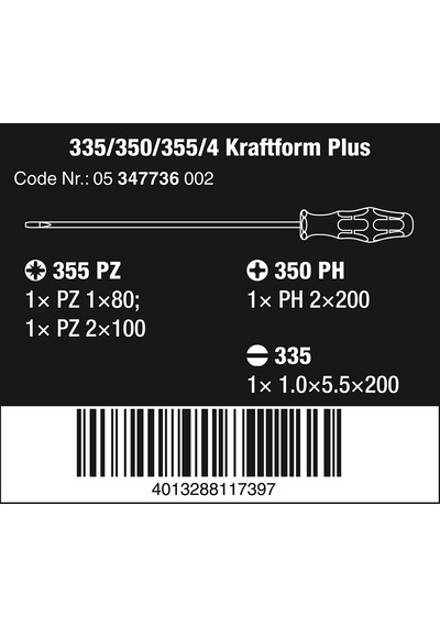 Wera 5347736002 335/350/355/4 Tornavida Seti Kraftform Plus Lazer Uç 200 Mm Uzunluğunda Uçlu, 1 Set, Renkli